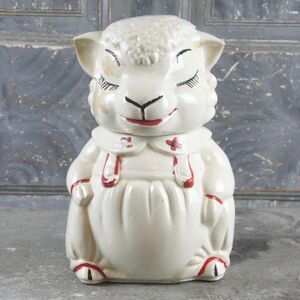 Sheep lamb cookie jar dressed in overalls, American Bisque ABCO Pottery vintage